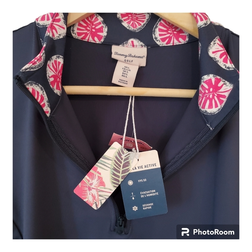 Tommy Bahama Golf Top Shirt Size Large Blue Pullover 1/4 Zip Floral Collar - Picture 7 of 14